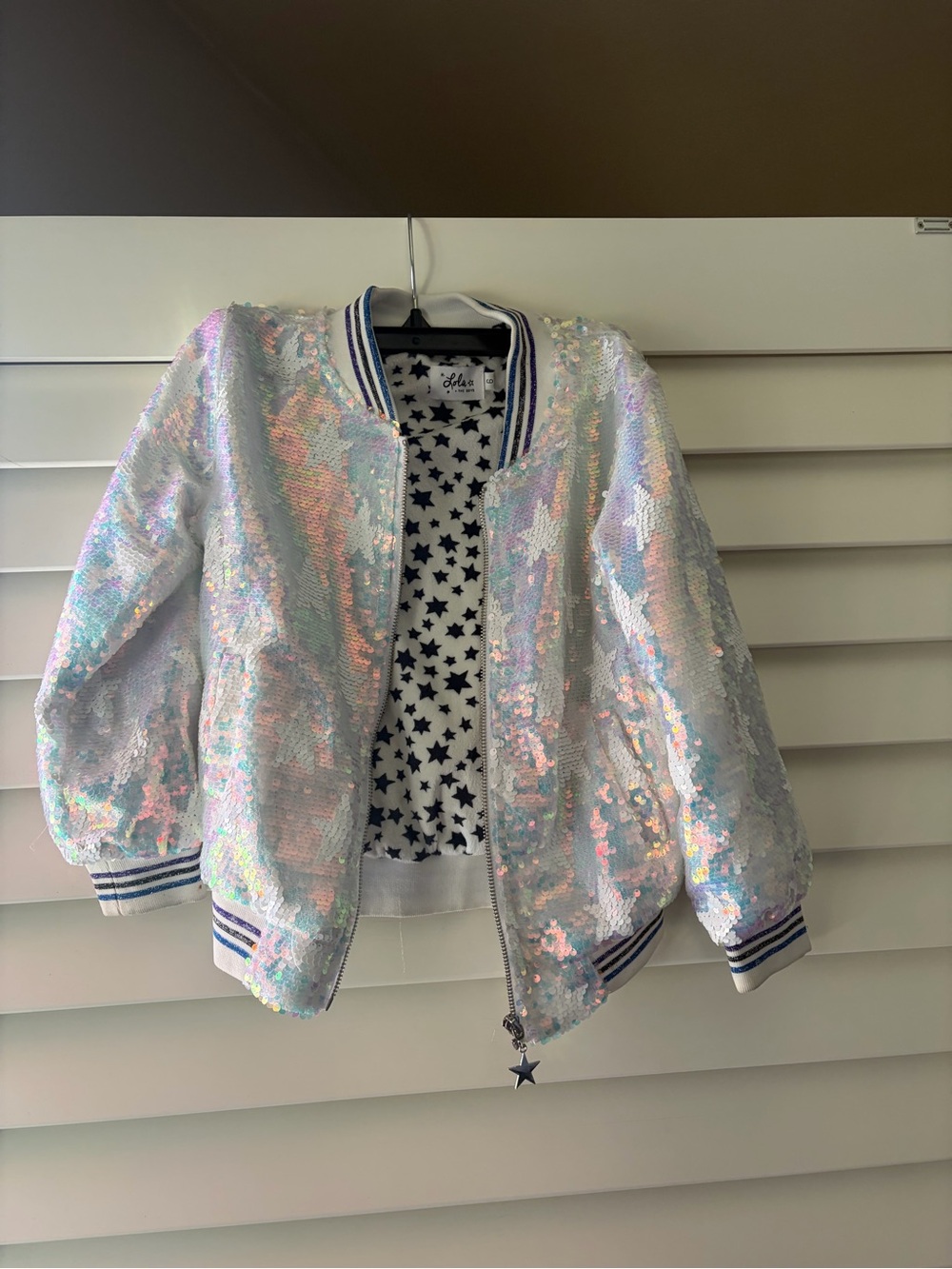 Lola + The Boys Iridescent Sequin Bomber Jacket - White